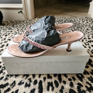 Manolo Blahnik Pink Jeweled Kitten Heel Sandals SZ 41.